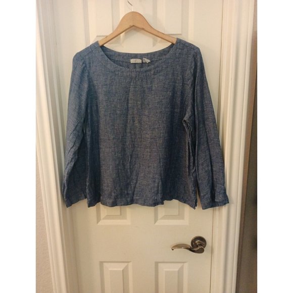 Women's Anthropology Sigrid Olsen 100% Linen Blue Dressy Blouse Large - Picture 1 of 7